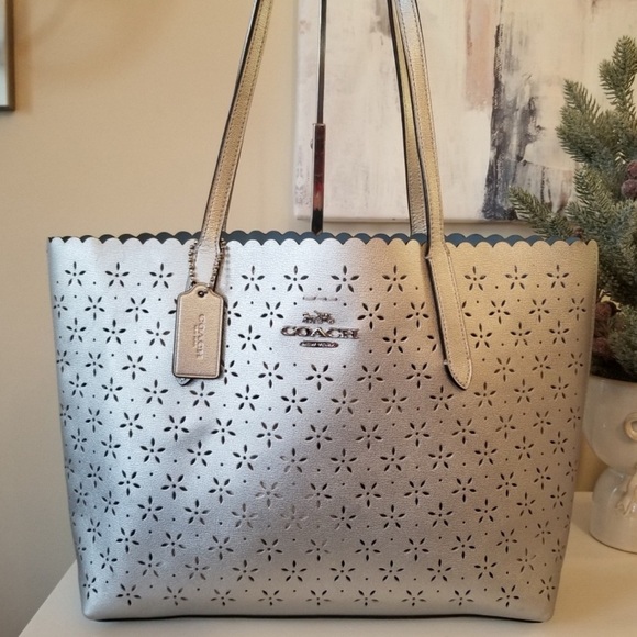 Coach Handbags - Coach Silver Scalloped Tote-EUC